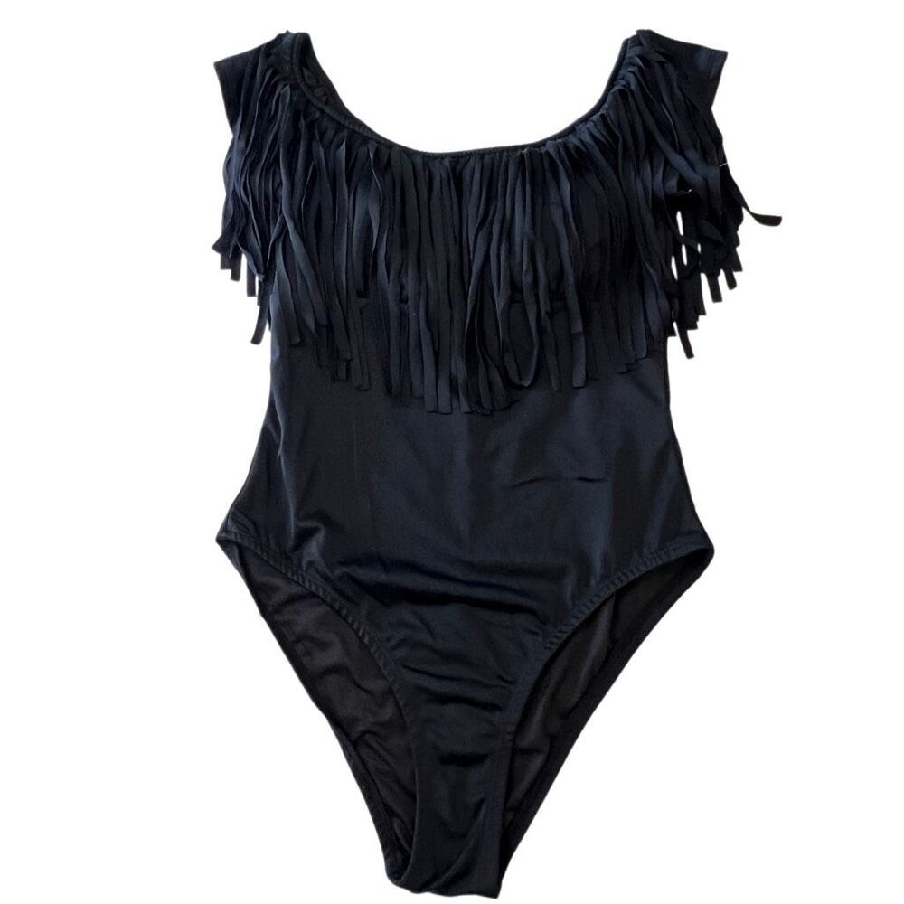 Amita Naithani Women's Scoop Neck Stretch Fringe One Piece Swimsuit Black Size 8
